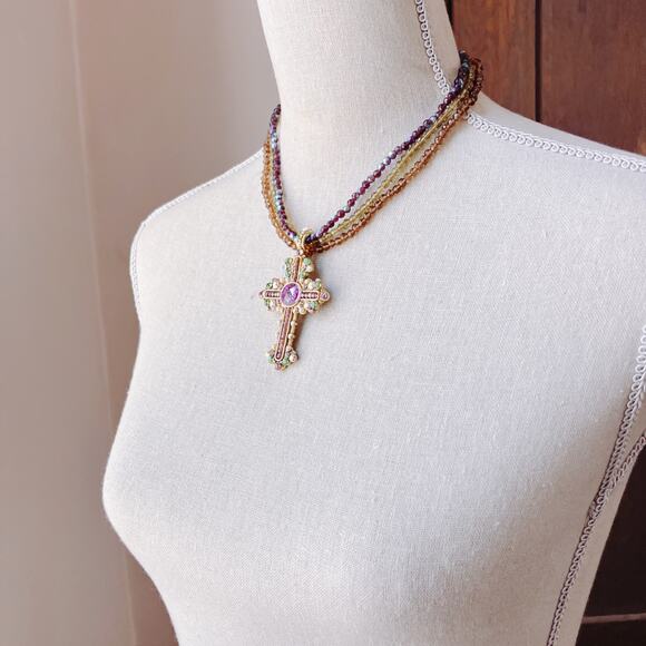 Colorful Glass Rhinestone Cross Christian Pendant Beaded Necklace Choker 16"-19" - Picture 5 of 12